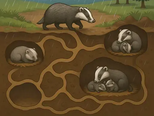 Entrance to a badger sett with fresh soil heaps